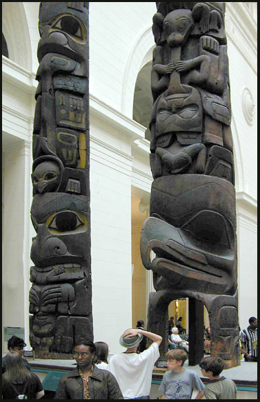 Detail of two Haidia Totem Poles on display in The Field Museum of Natural 