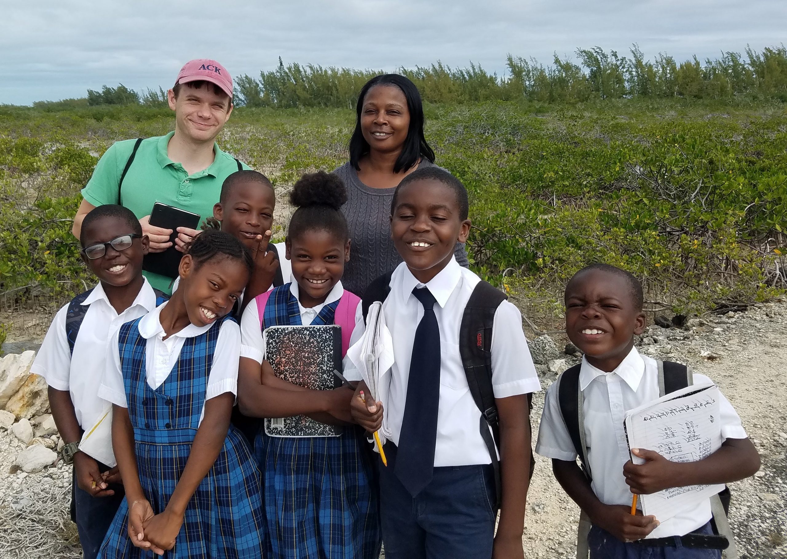 James Austin, a student in Merry Lea’s MAEE program, with a Bahamian teacher and her students.