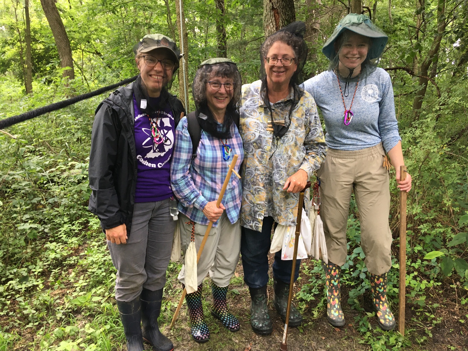 Bird banding volunteers and Hickory Scholar students for summer 2021. Left to right: Ruby, Lois Oyer, Julie Davidson and Mira.