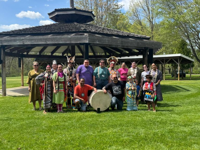 Traditional dancers and Ribbon Town drummers.