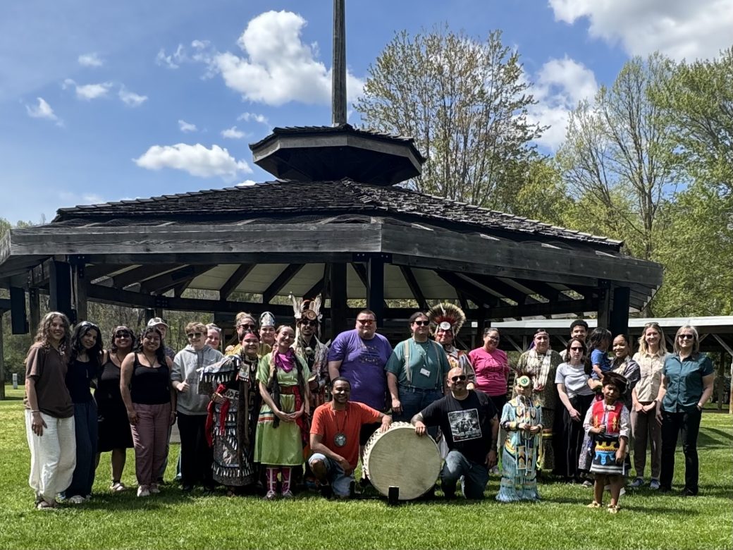 Our group with the Pokagan band dancers and Ribbon Town drummers.