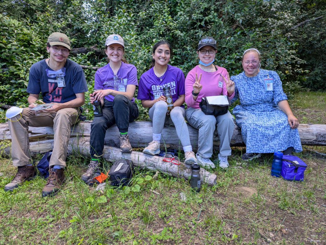 Five students pose for a photo, smiling, on a log.