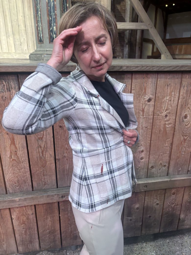 Professor Solomia Soroka is splattered with Paris’s “blood”.