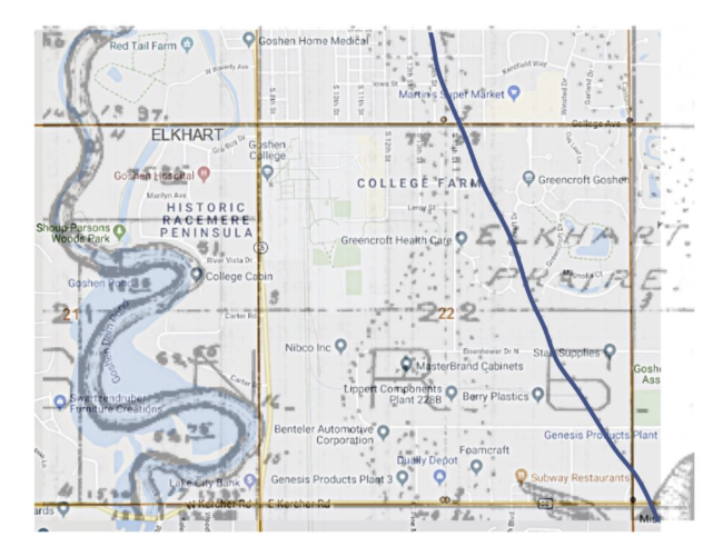A map from 1830 is overlaid with a current map of Goshen. The blue line marks the Miami-Potawatomi trail. This is taken from the website for the project, potawatomi-miamitrail.org.