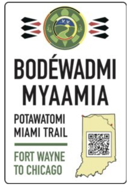 The signs themselves have lots of significance too. In large font, it reads “Bodewadmi” and “Myaamia”, the names of these tribes in their own languages, with the English versions in smaller print below it. This shows the importance of their languages over what colonizers called their tribes.