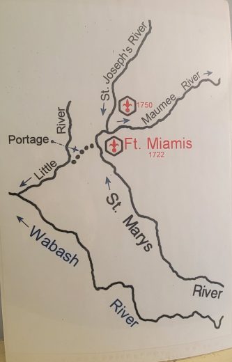 A map, showing the land route between the Little River and the St. Marys River.