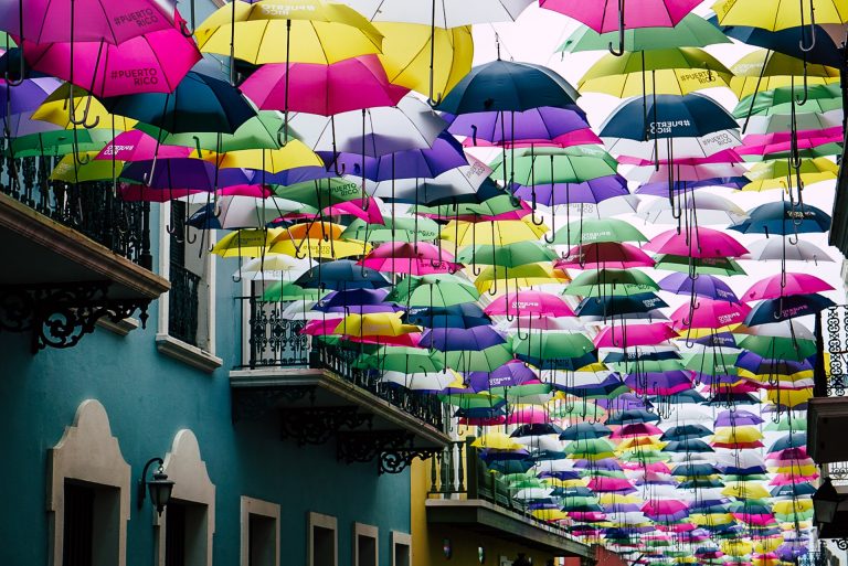 Street covered in colorful umbrellas in Puerto Rico