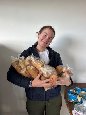 Getting ready to sort donated bread.