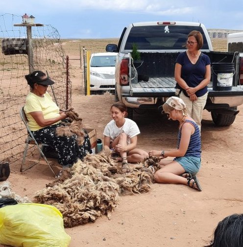 Students sitting in the sand with fur infront of them