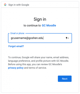 Logging into moodle screenshot