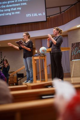 Students speaking at convo / chapel