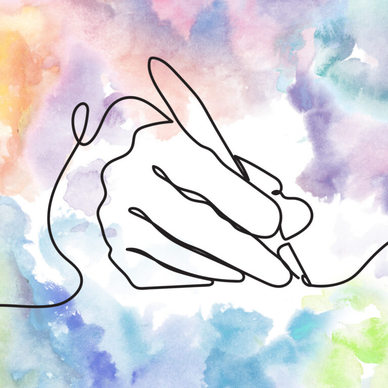 A line drawing of a hand writing with a pen on a watercolor background