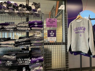 Goshen College Merchandise on display for sale.