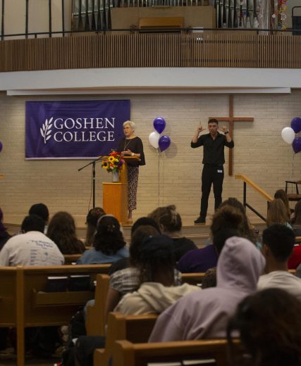 President Stoltzfus speaks at a podium