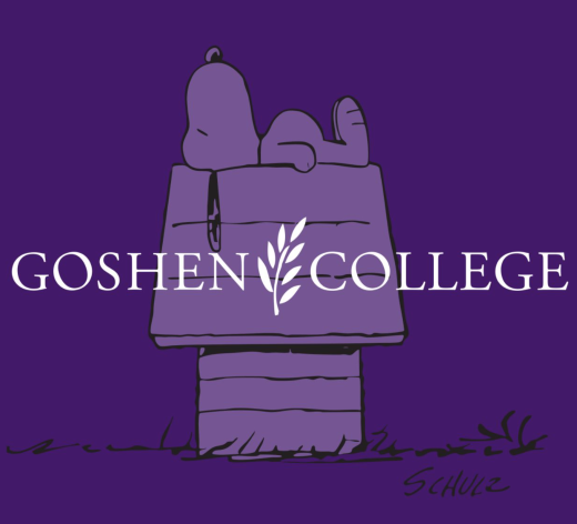Snoopy on his doghouse with the Goshen College logo overlaid in front.