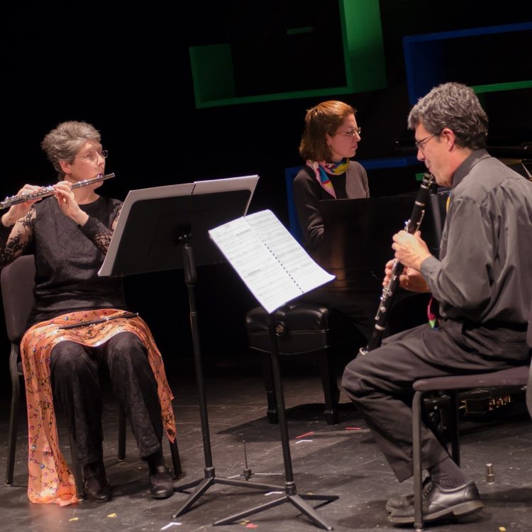 Three musical performers in concert black play wind instruments