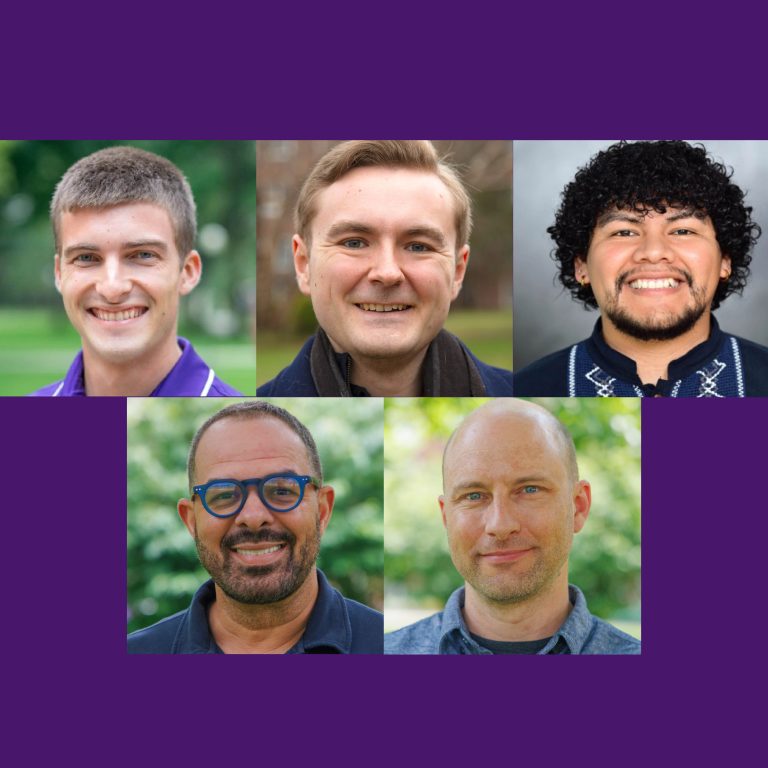 Thumbnail graphic of new teaching faculty, featuring their employee headshots on a Goshen College purple background.