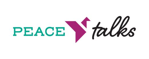 official peace tqalks logo featuring a magenta colored dove, the word peace in teal and the word talks in black.