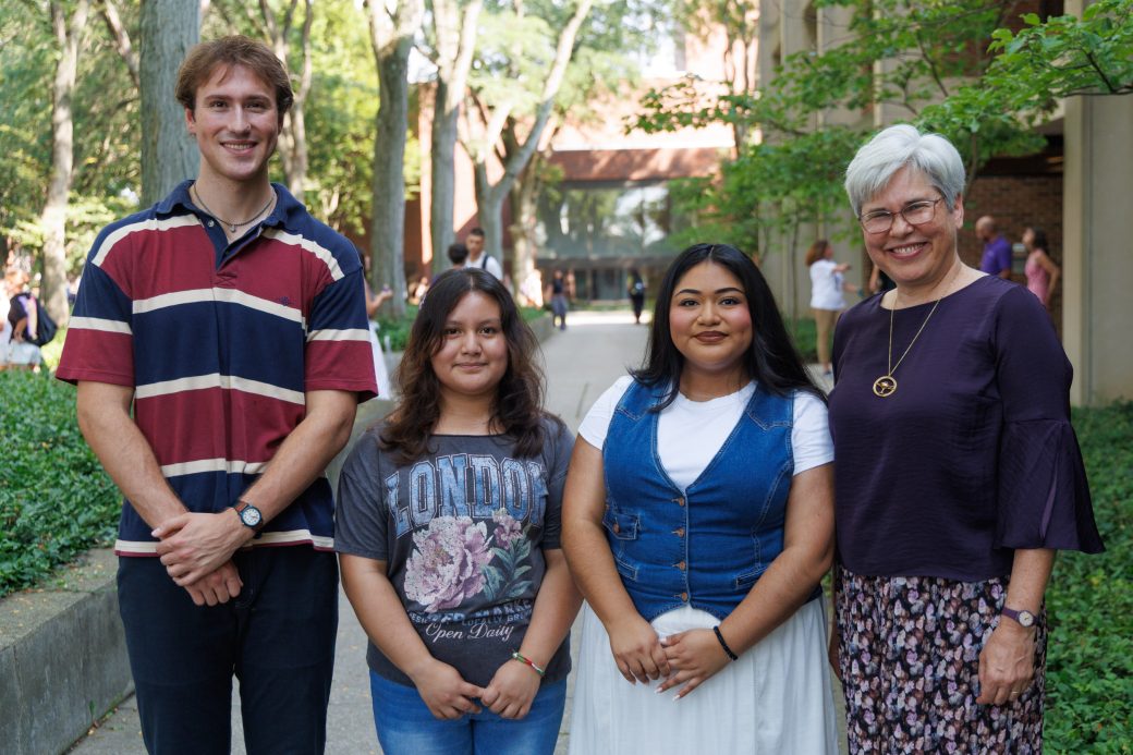 President Rebecca Stoltzfus beside Summer Cuatepotzao Perez, Ben Koop and Angelica Garcia-Ponce