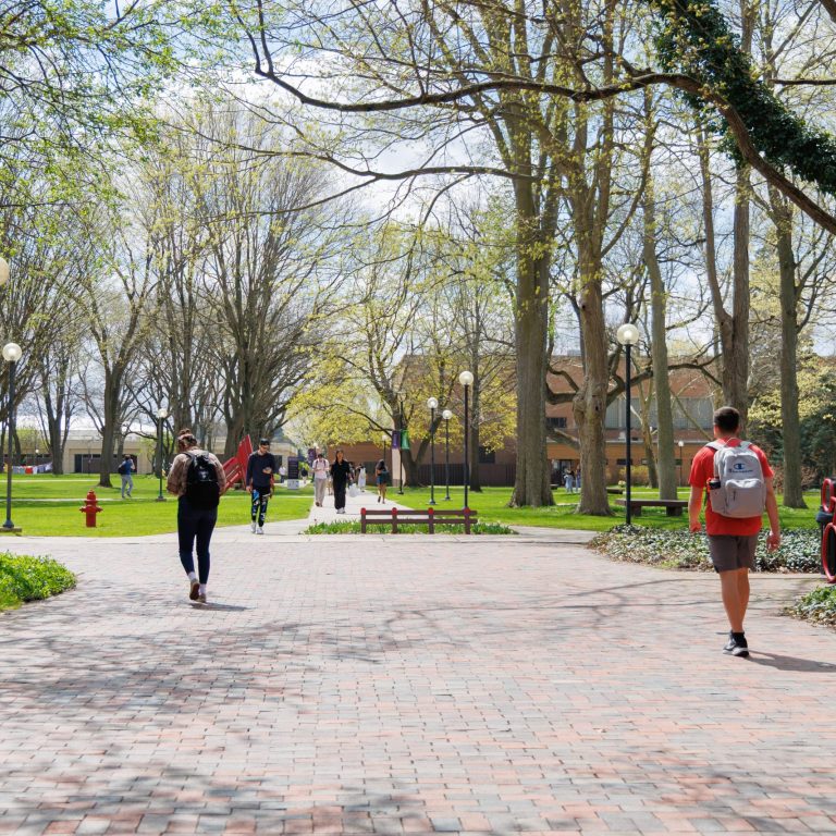 Campus scene in between the science hall and administration building.