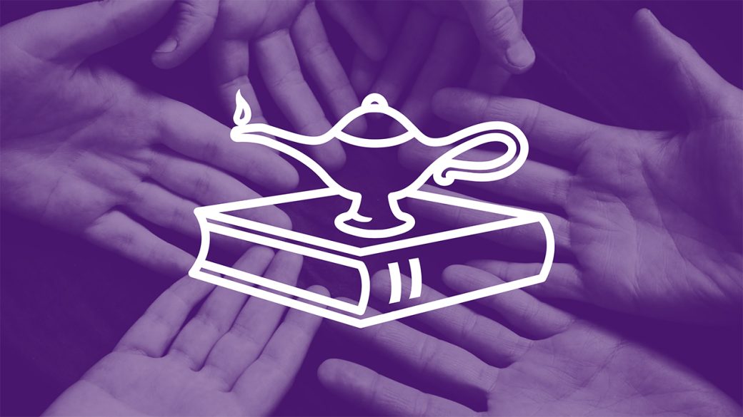 President's slide for opening convocation. In the background are hands coming together, a purple wash lays over them and the GC book and lamp are layered on top.