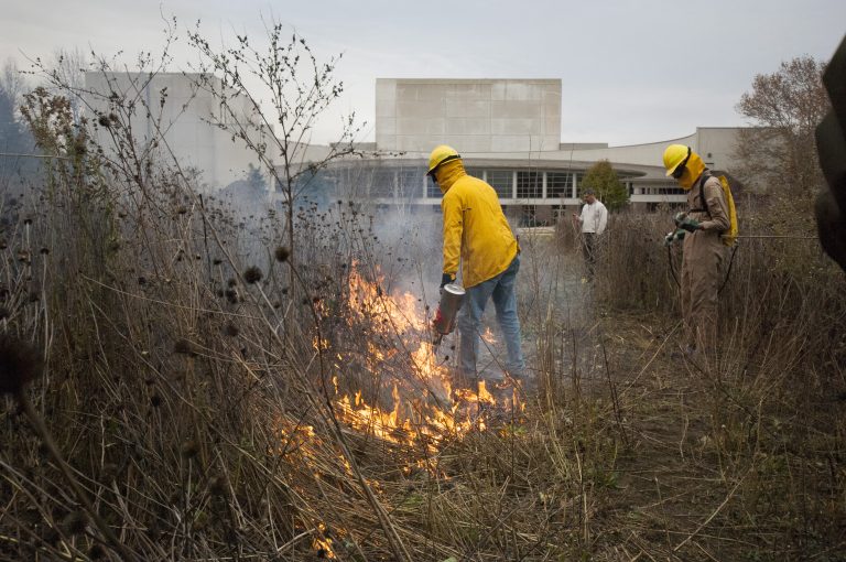 prairie burn with fire managers in front of building