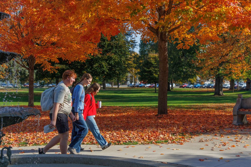 Three students walking side by side