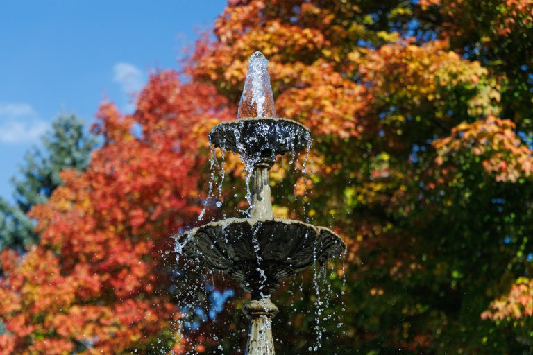 Close up of adelphian fountain with fall tree backdrop