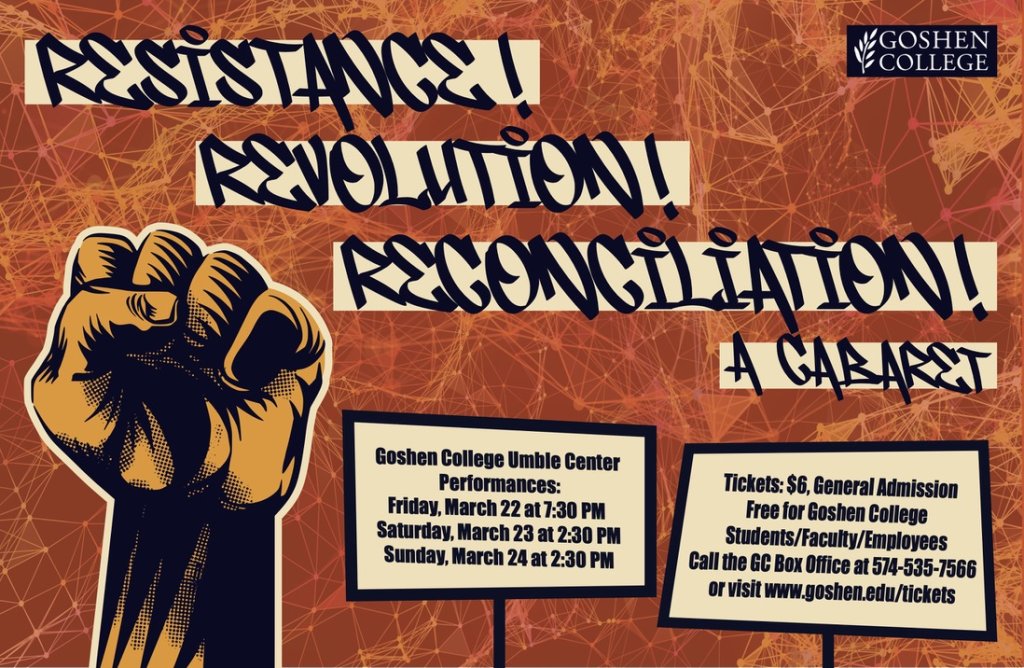 Poster for a play in warm colors featuring images of a raised fist and protest signs