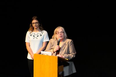 Pat Lehman, professor of communication, and Leah Stebly.