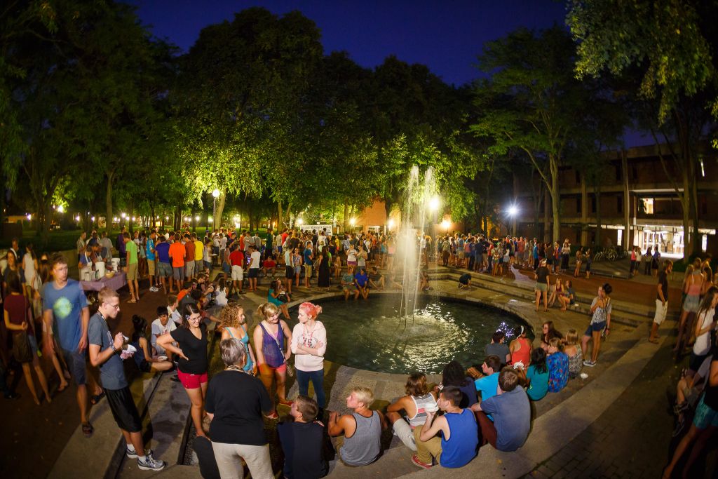 Goshen students gathered for a night time event on the college campus