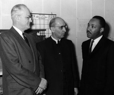 Martin Luther King with Willard Smith and Guy Hershberger at Goshen College, circa 1960. (Photo by the Elkhart Truth)