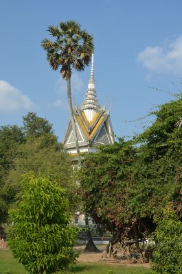 Pagoda at the Killing Fields. It is filled with the bones of many who were killed there.