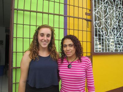 Maddie with her co-worker, Deyra, outside the Bibliobus office.