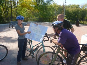 Goshen College students looking at a map