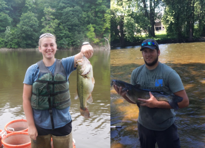 Collage of two students holding fish while standing in water with wading boots