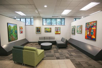 Lounge and Haitian art display in the Hunsberger Commons