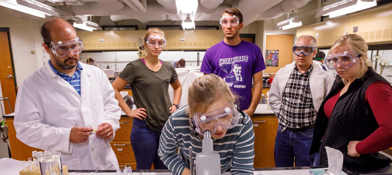 Students in lab wearing safety goggles