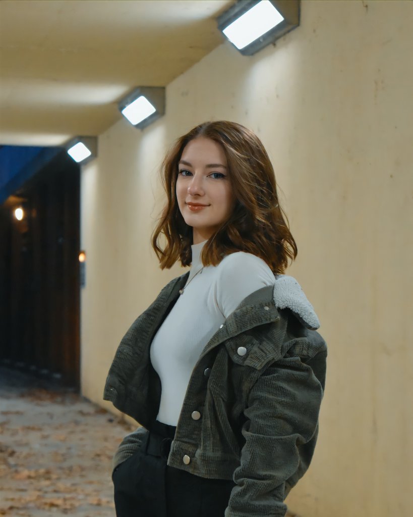 Woman in green jacket turning to camera