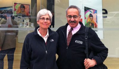 Judy Weaver and Richard Aguirre take a quick break in Ovalo Gutierrez, considered by some to be the vibrant heart of the San Isidro district of Lima, Peru.