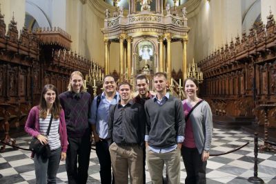 Lauren, Landon, Jacob, Joshua, Rudy, Alan and Becca take in the magnificence of the Cathedral of Lima. Behind them is the main altar, which is flanked by elaborately carved choir stalls.