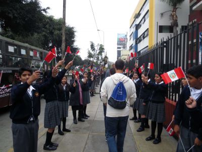 Students received a festive greeting, which was intended for other North American visitors, during their first walk in Lima.