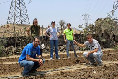 Rudy amd Alan (front row) and Landon, Becca and Lauren (back row) pause to admire their work.