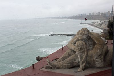 A model of El Beso (The Kiss), Victor Delfin's most famous sculpture. El Beso, said to depict Delfin kissing his wife, is located in a park in the nearby Miraflores district.