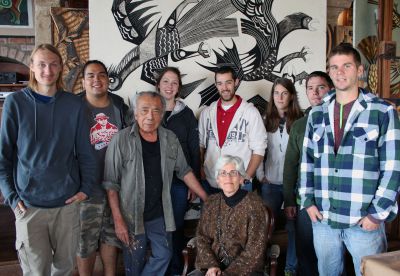 Victor Delfin poses in his studio with GC students Landon, Jacob, Becca, Rudy, Lauren, Joshua and Alan with Peru SST co-leader Judy Weaver.