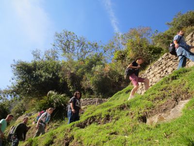 Students hike to a view point at Machu Picchu.