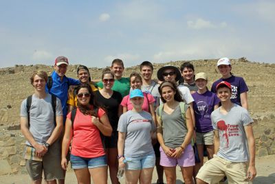 Students in front of the main pyramid at Caral.