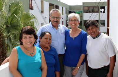 The Peru SST team gathered at Casa Goshen the last full day the students were in Lima. They are (from left): Lima Study Coordinator Celia Vasquez; Alicia Taipe Tello, who cooks for the students; Co-Directors Richard R. Aguirre and Judy Weaver; and Service Coordinator Willy Villavicencio,