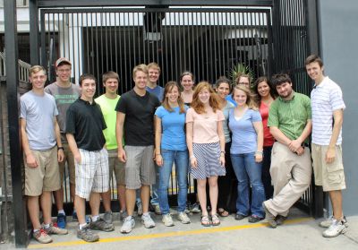 Students pause for a group photo outside the offices of Grupo Radio Programas del Peru (RPP).