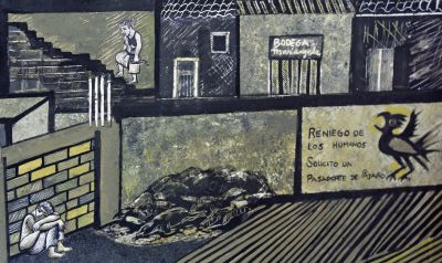 Detail from the Delfin painting that depicts a tuberculosis outbreak in a Lima shantytown. A translation of the text beside the bird: "I renounce humans. I request a bird's passport."